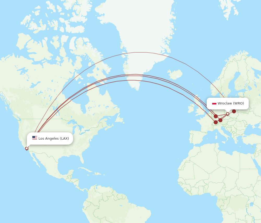 WRO-LAX flight routes