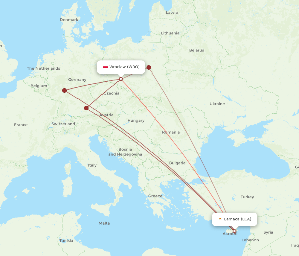 WRO-LCA flight routes