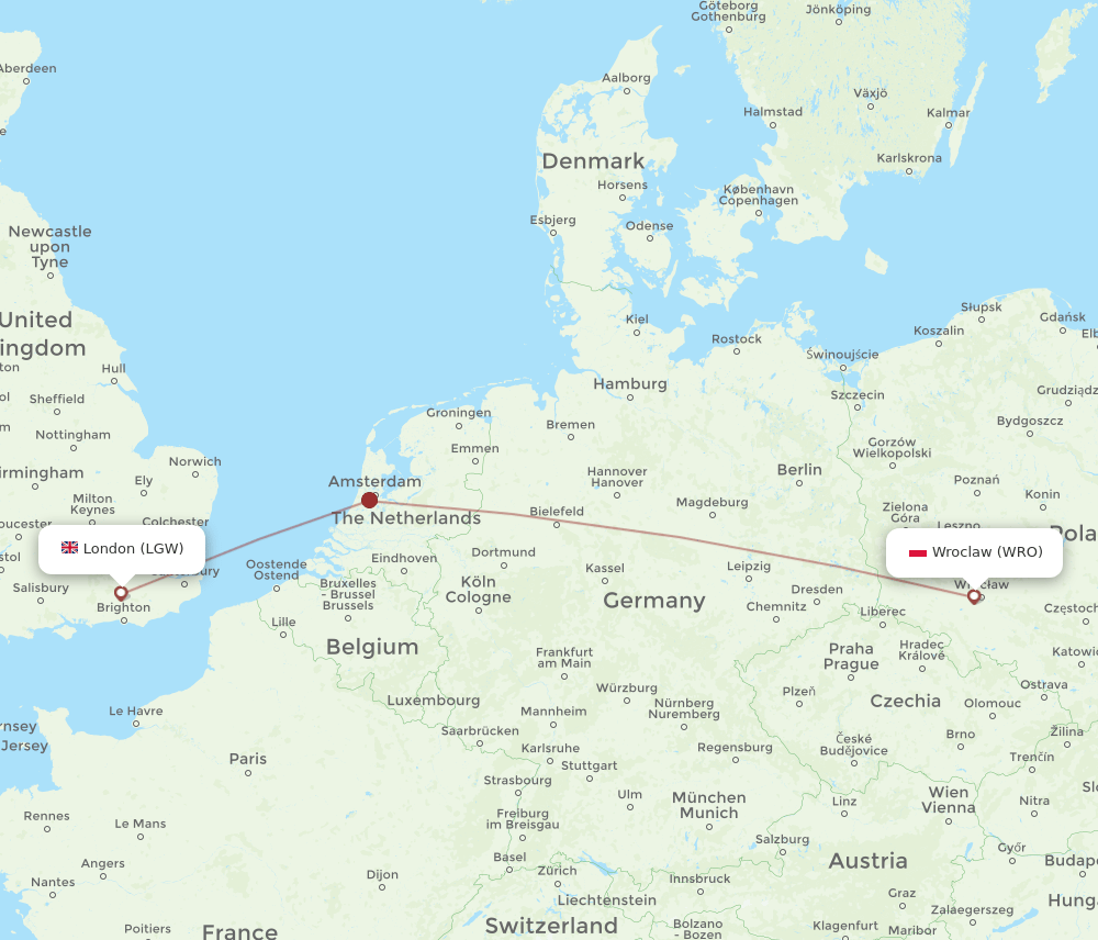 WRO to LGW flights and routes map