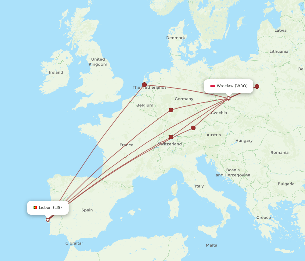 WRO-LIS flight routes