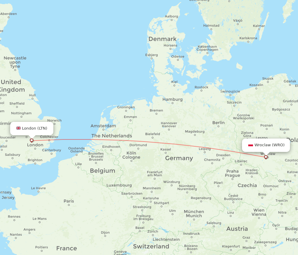Wroclaw - London route map and flight paths