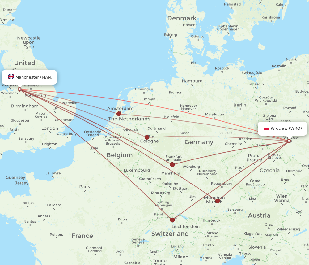 WRO to MAN flights and routes map