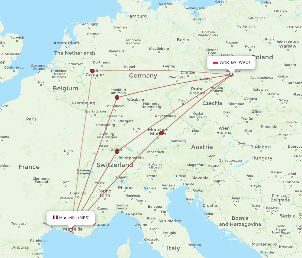 WRO to MRS flights and routes map