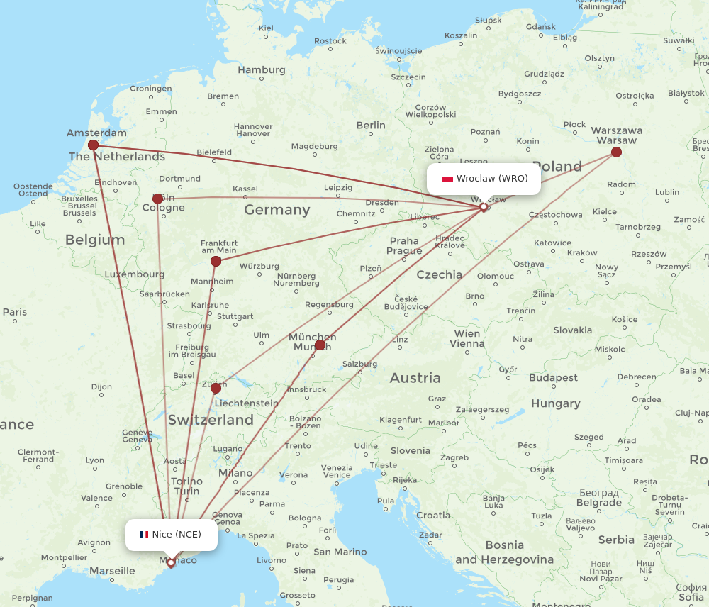 WRO to NCE flights and routes map