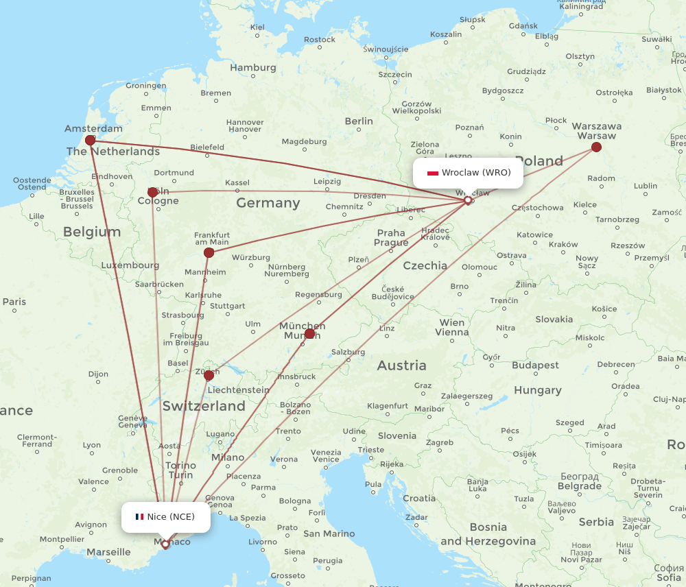 WRO-NCE flight routes