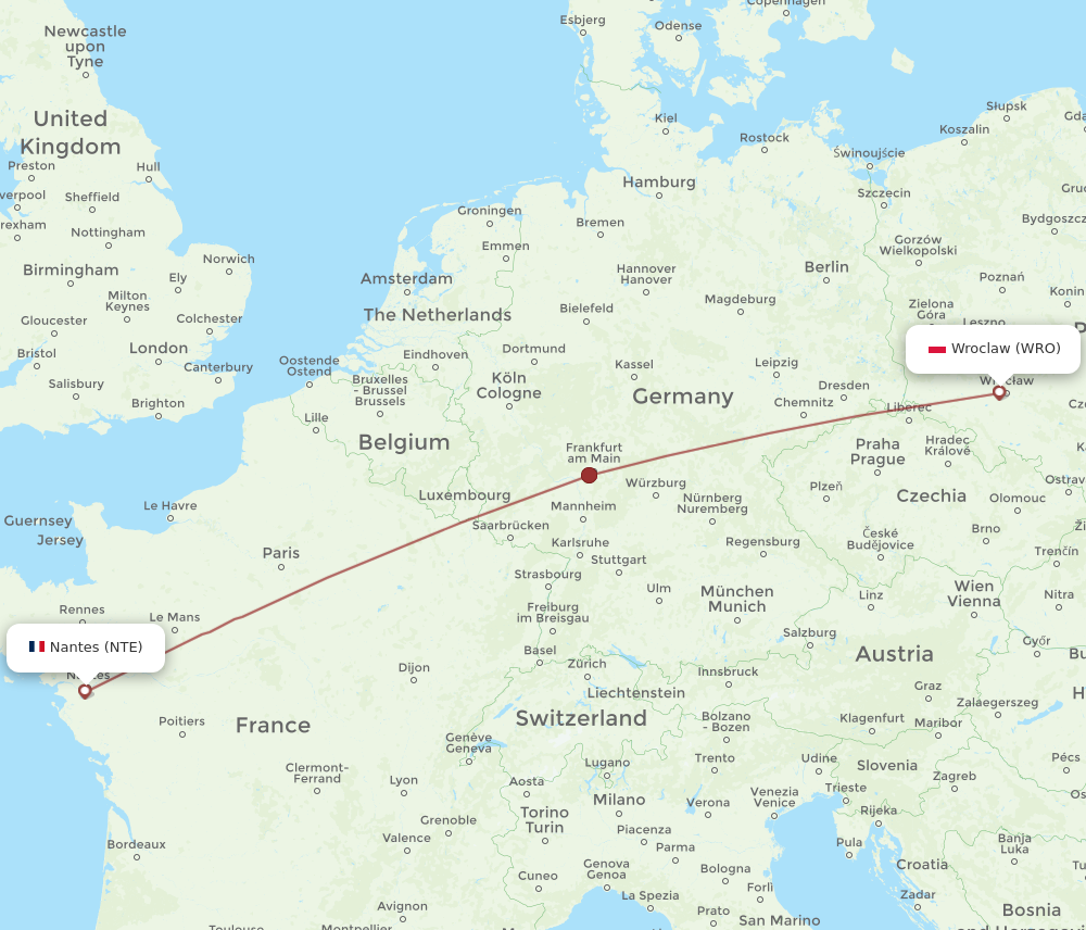WRO to NTE flights and routes map