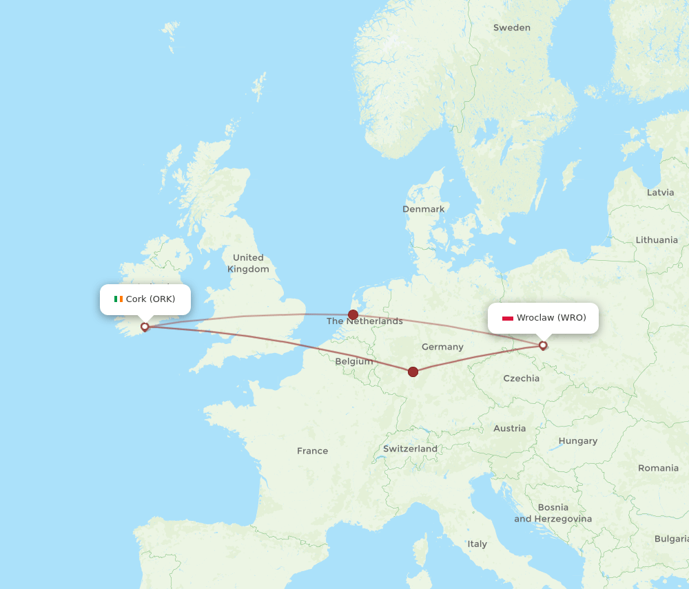WRO to ORK flights and routes map