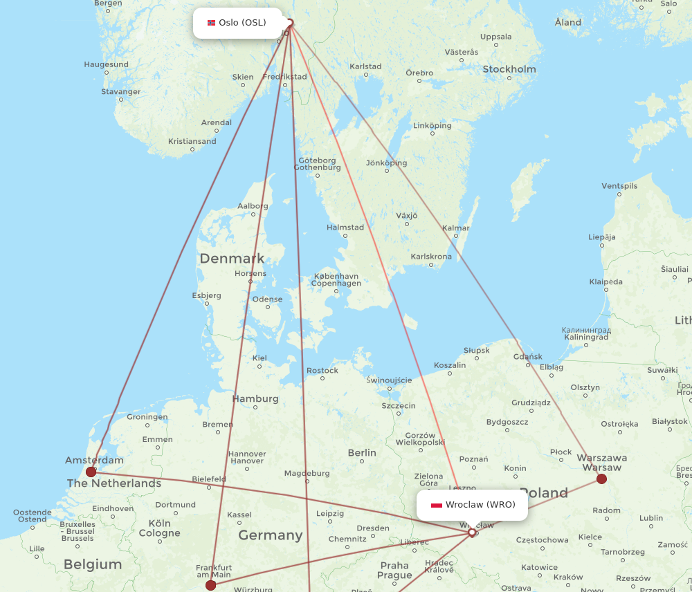 WRO to OSL flights and routes map