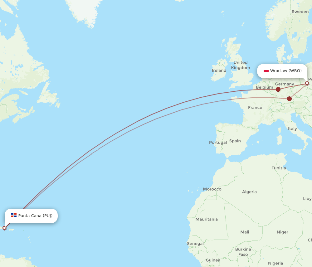 WRO to PUJ flights and routes map