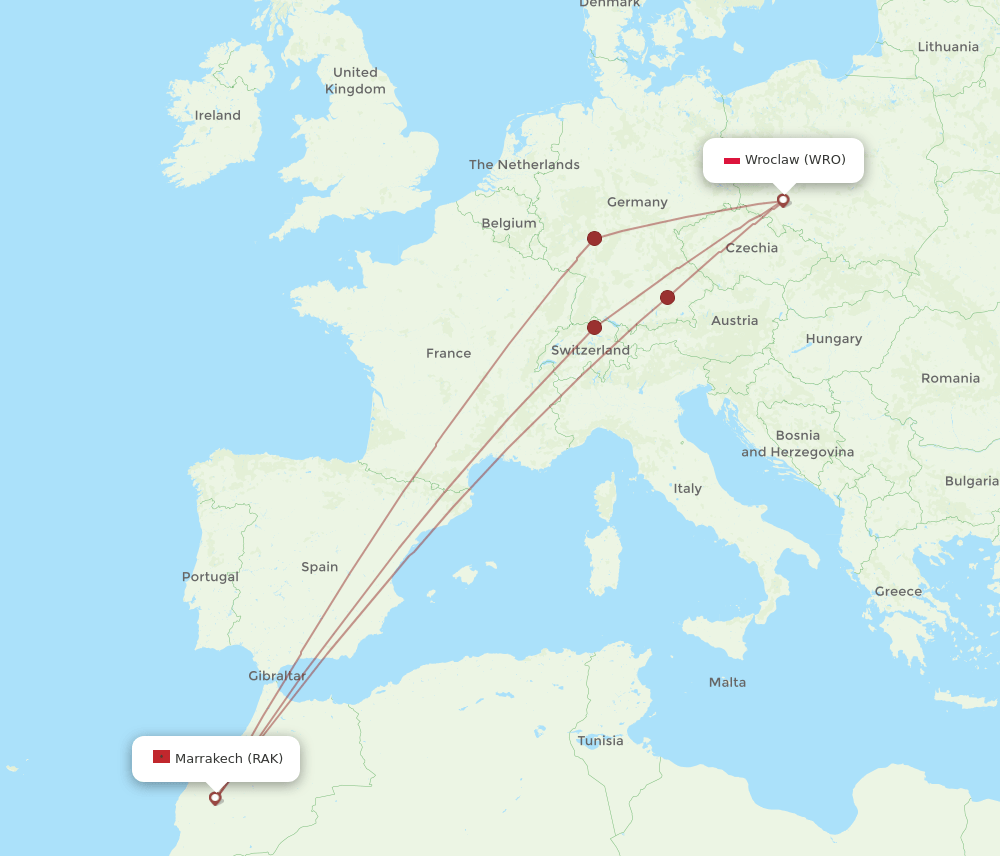 WRO-RAK flight routes