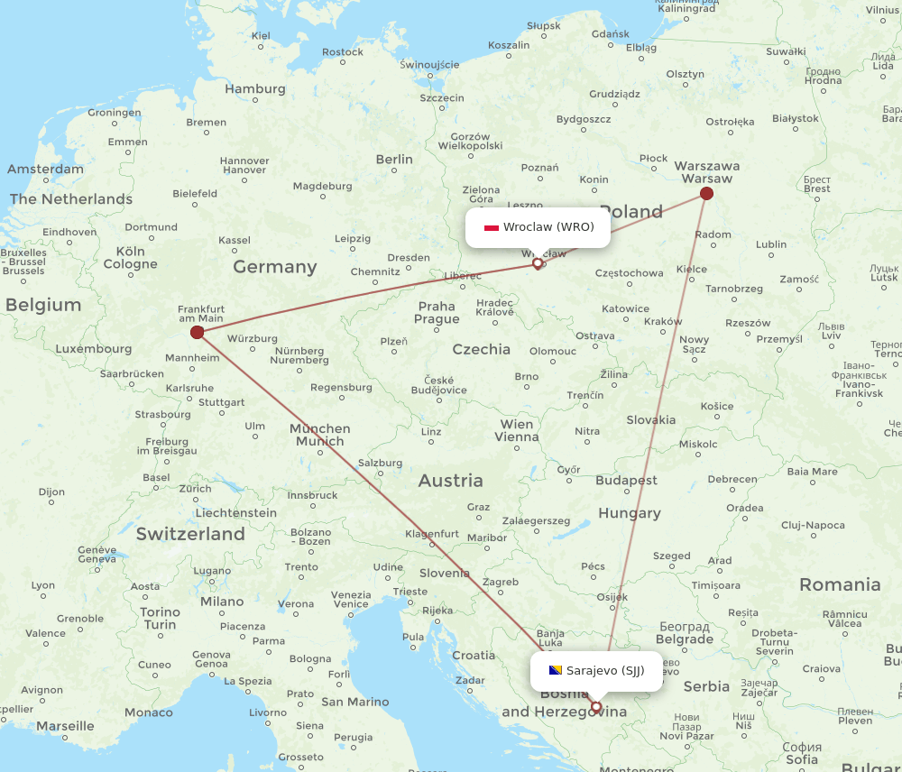 WRO to SJJ flights and routes map