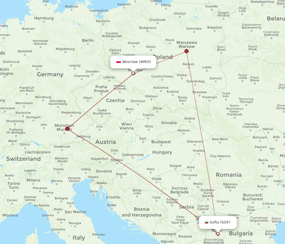 WRO to SOF flights and routes map