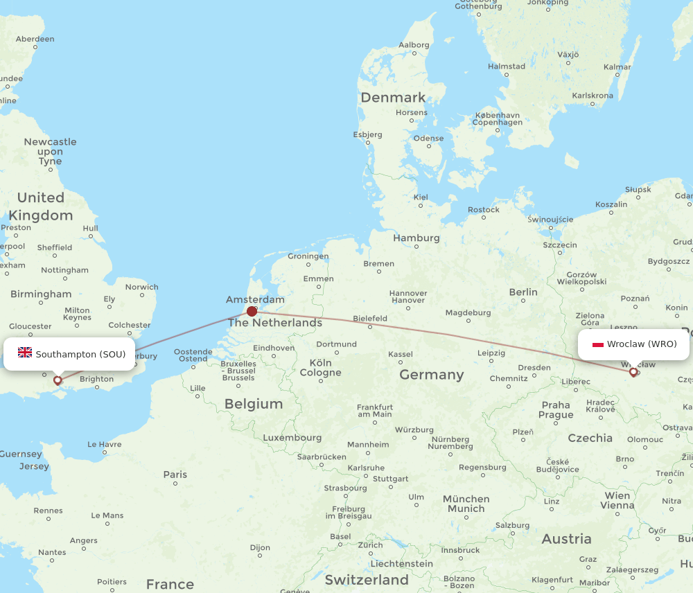 Southampton - Wroclaw route map and flight paths