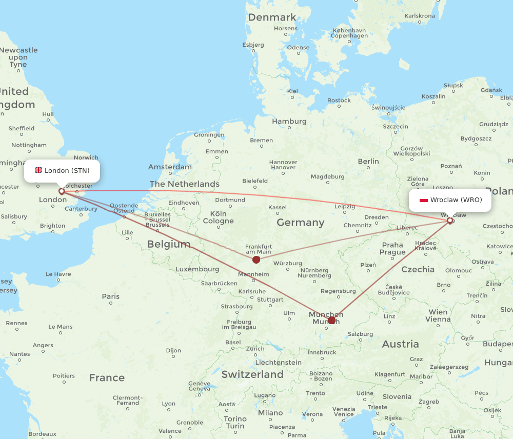 WRO to STN flights and routes map