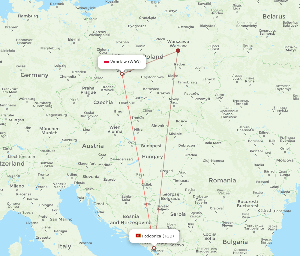 WRO-TGD flight routes