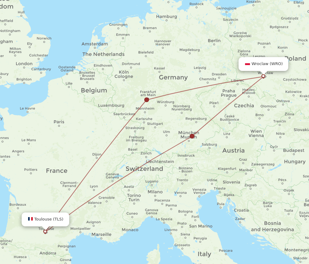 WRO to TLS flights and routes map