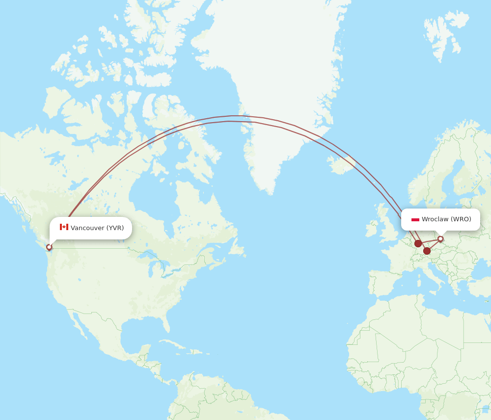 Vancouver - Wroclaw route map and flight paths