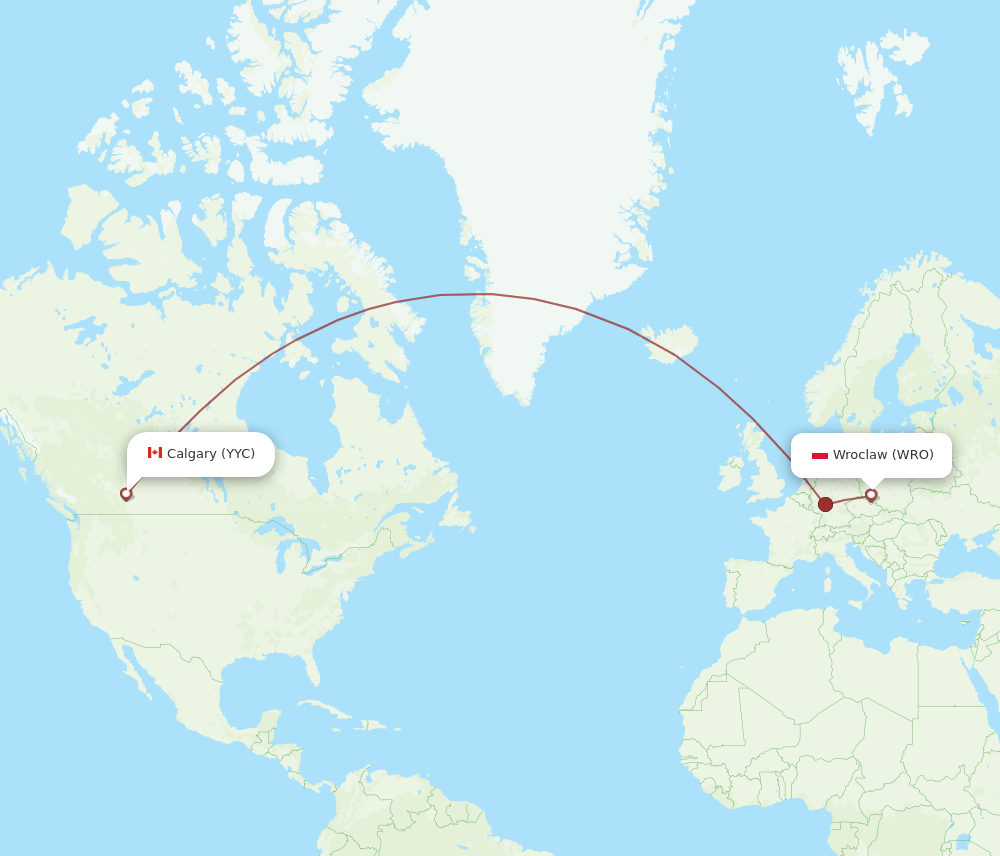 Calgary - Wroclaw route map and flight paths