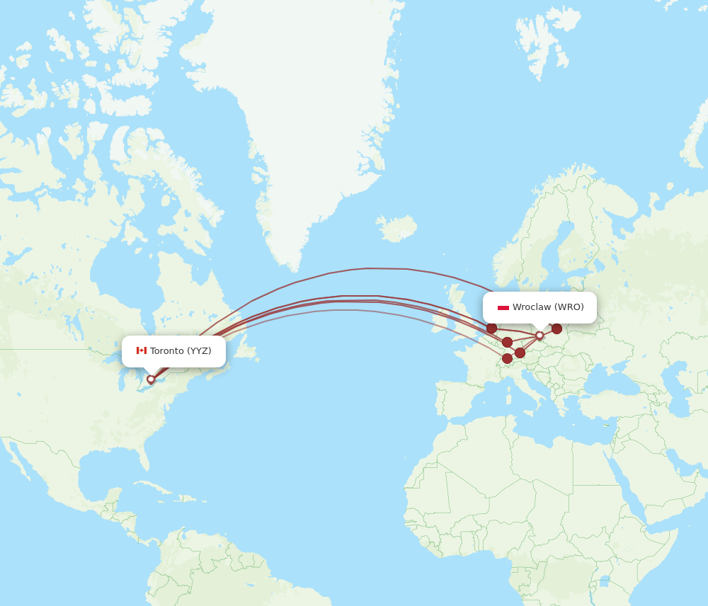 YYZ to WRO flights and routes map