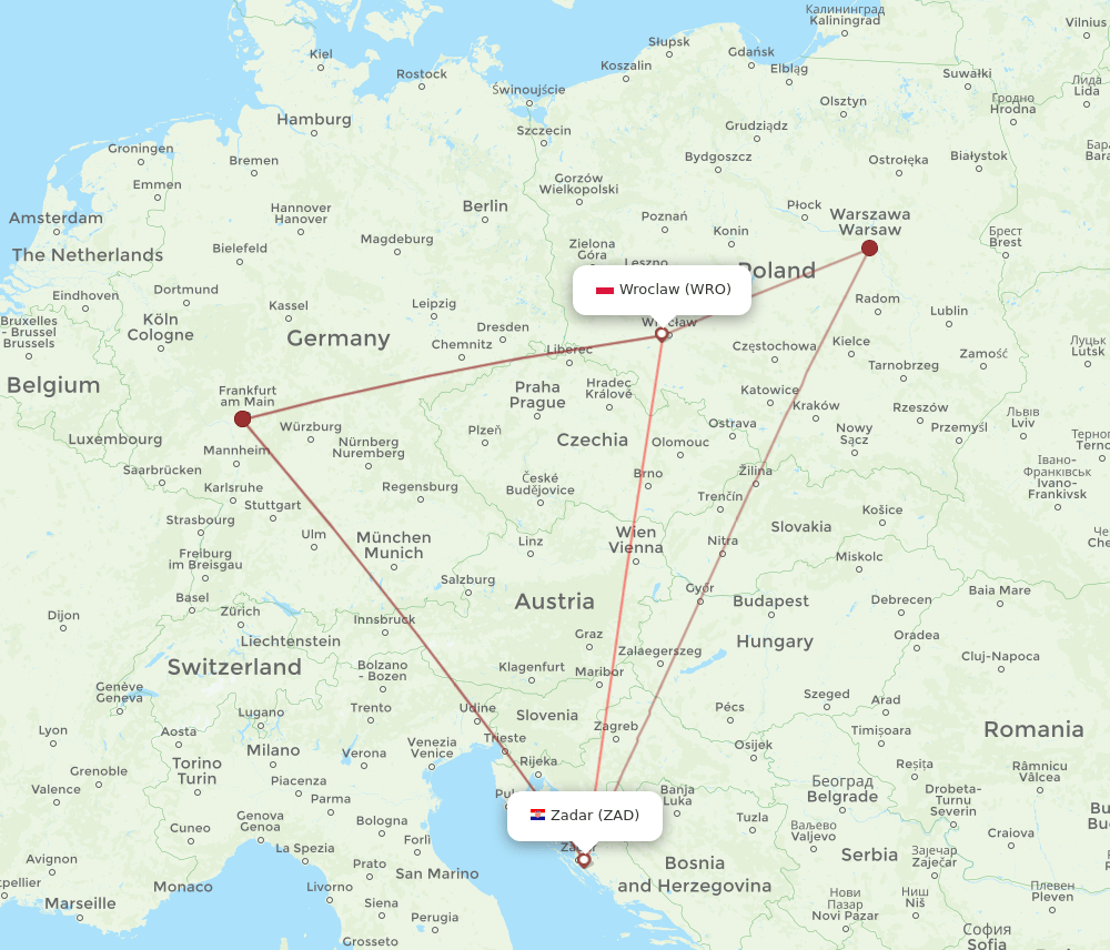 Zadar - Wroclaw route map and flight paths