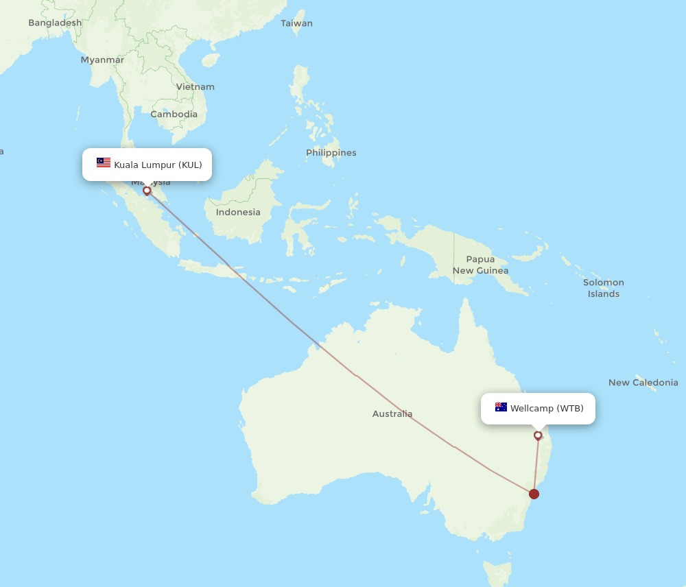 KUL to WTB flights and routes map