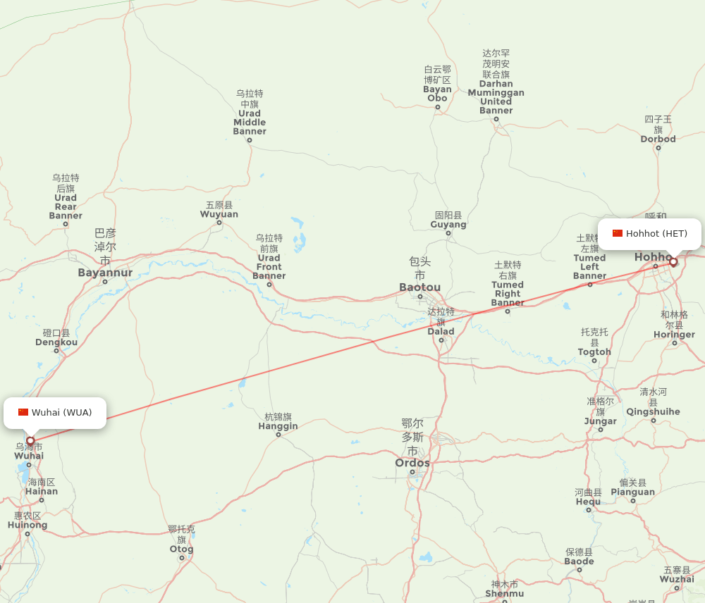 WUA to HET flights and routes map