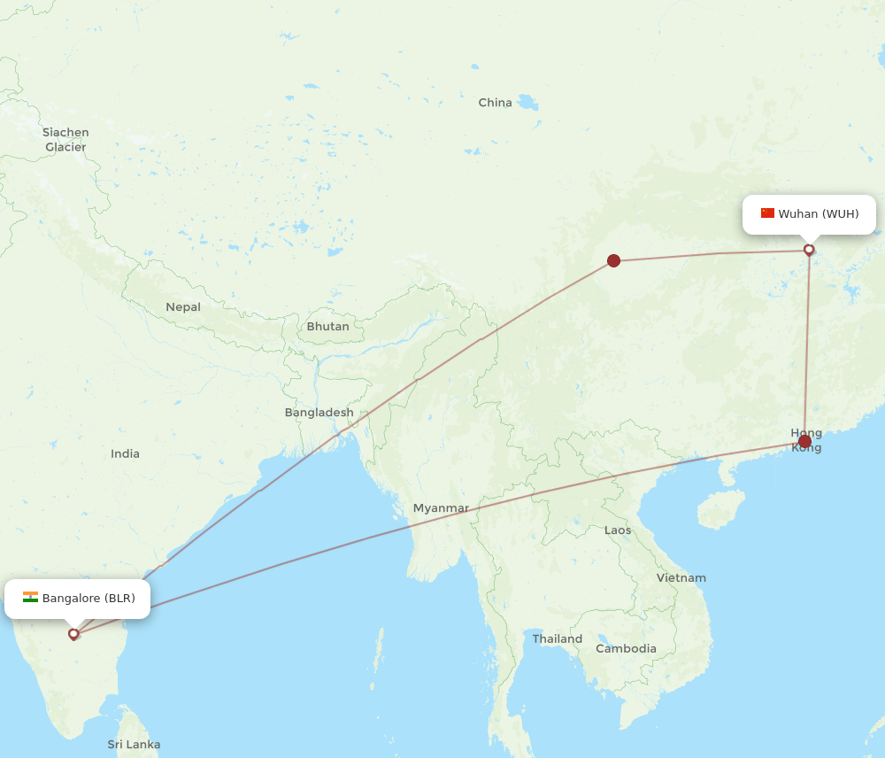 WUH to BLR flights and routes map