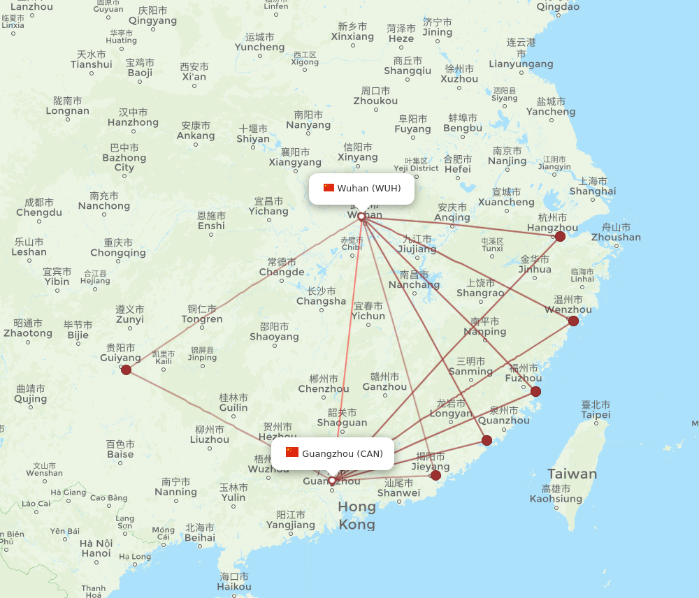 WUH to CAN flights and routes map