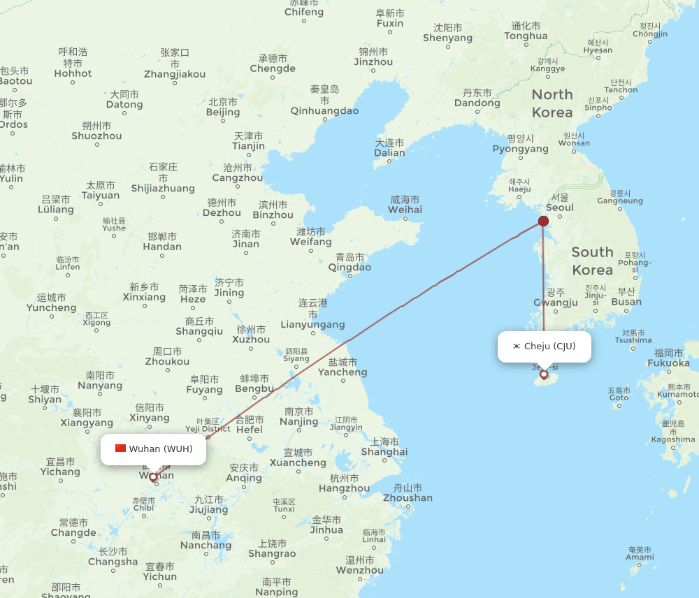 Jeju - Wuhan route map and flight paths