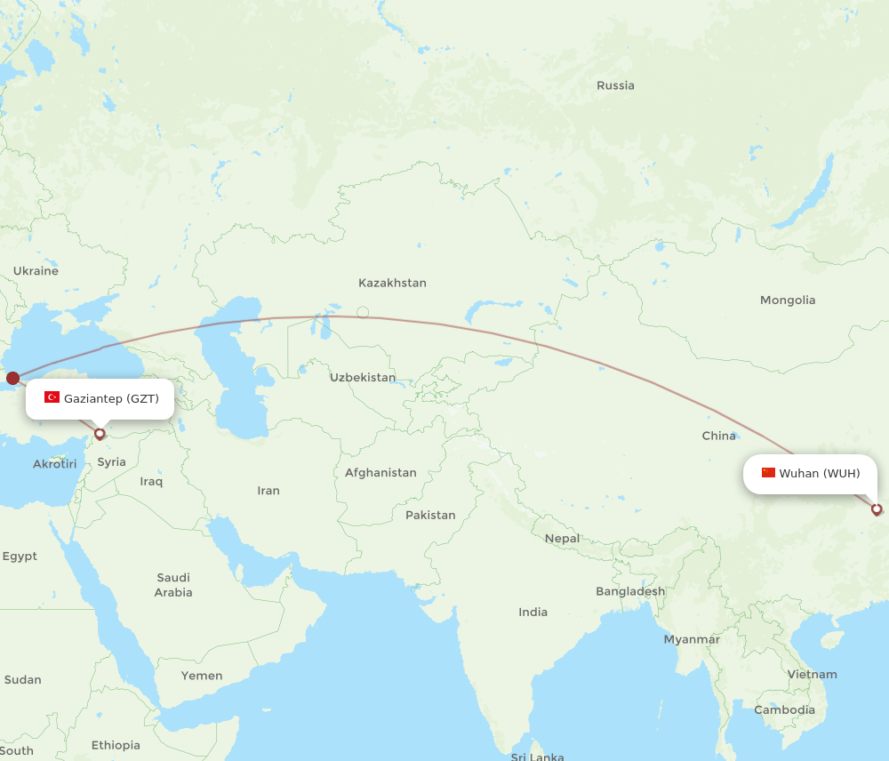Wuhan - Gaziantep route map and flight paths