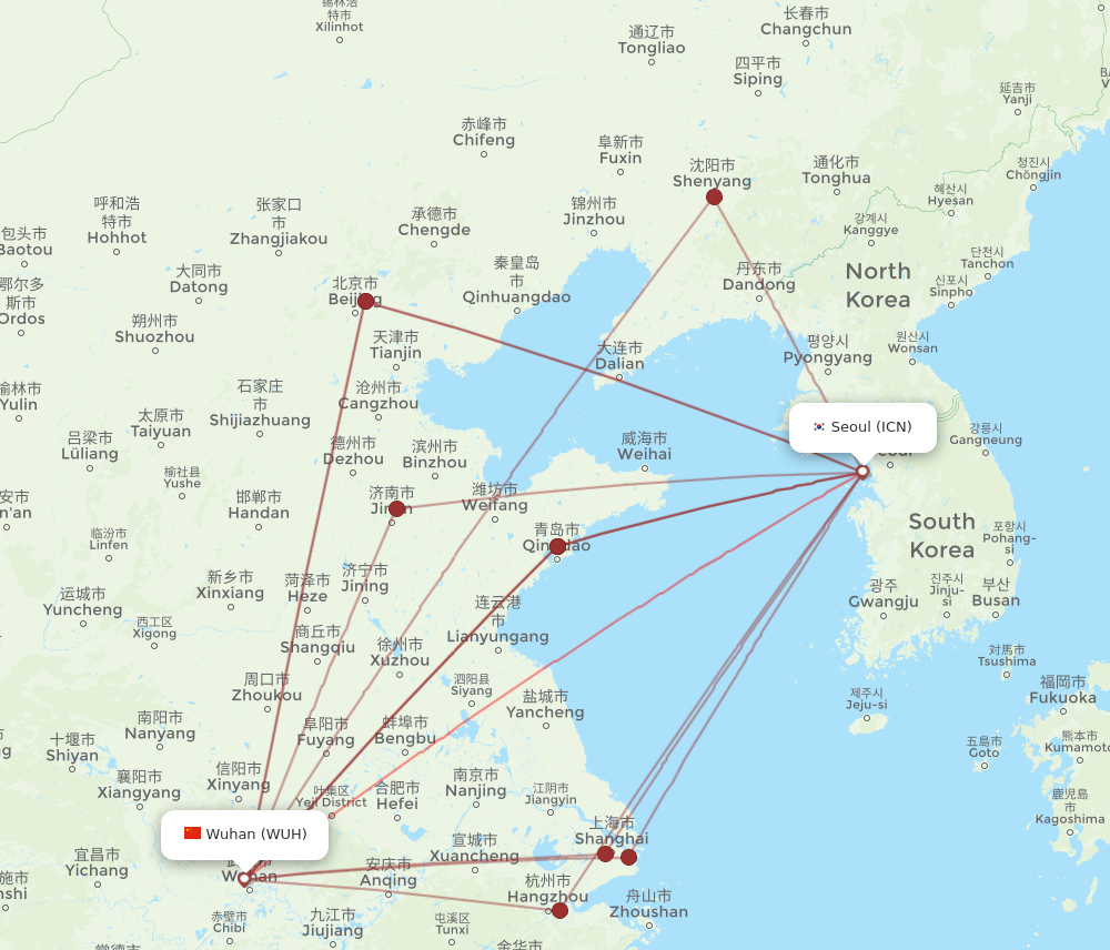 WUH to ICN flights and routes map