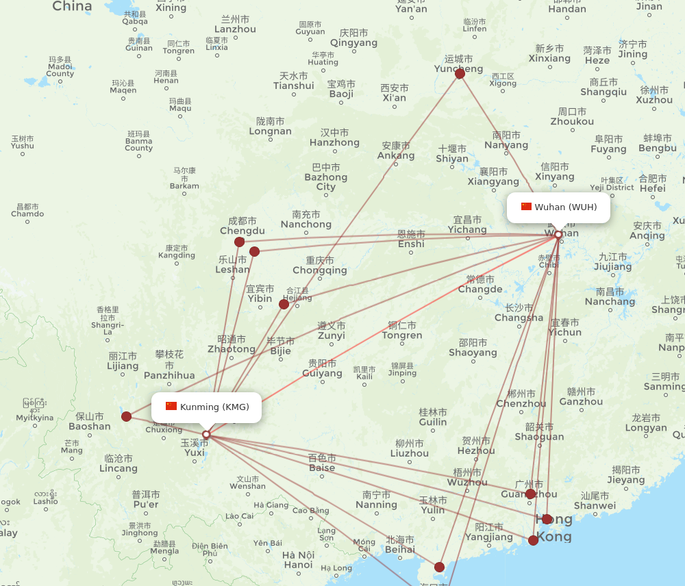 WUH to KMG flights and routes map