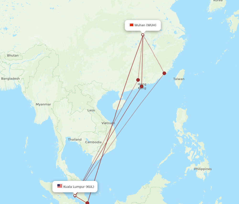 WUH to KUL flights and routes map