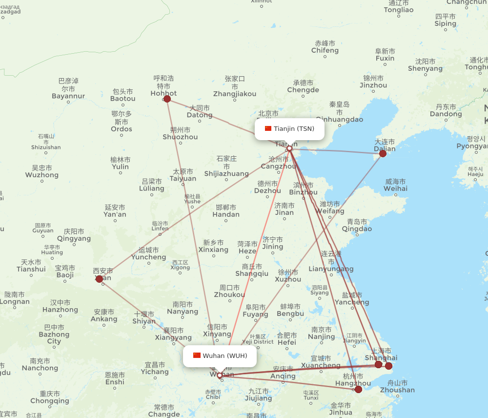 WUH to TSN flights and routes map