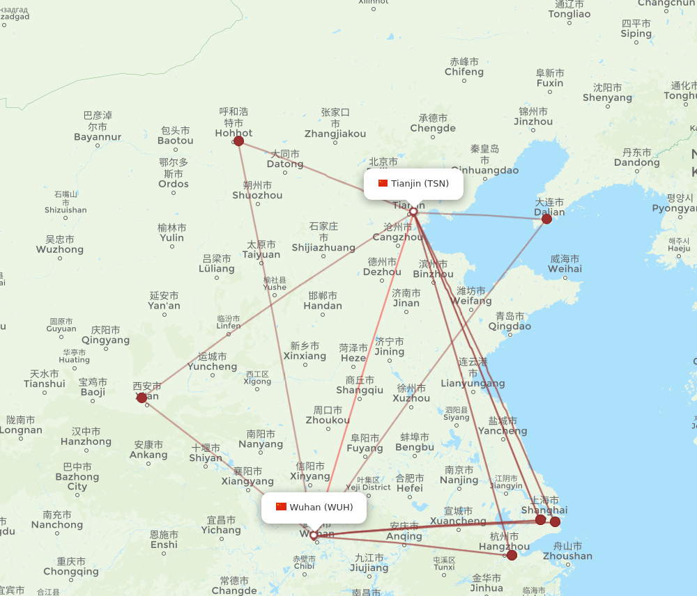 WUH-TSN flight routes