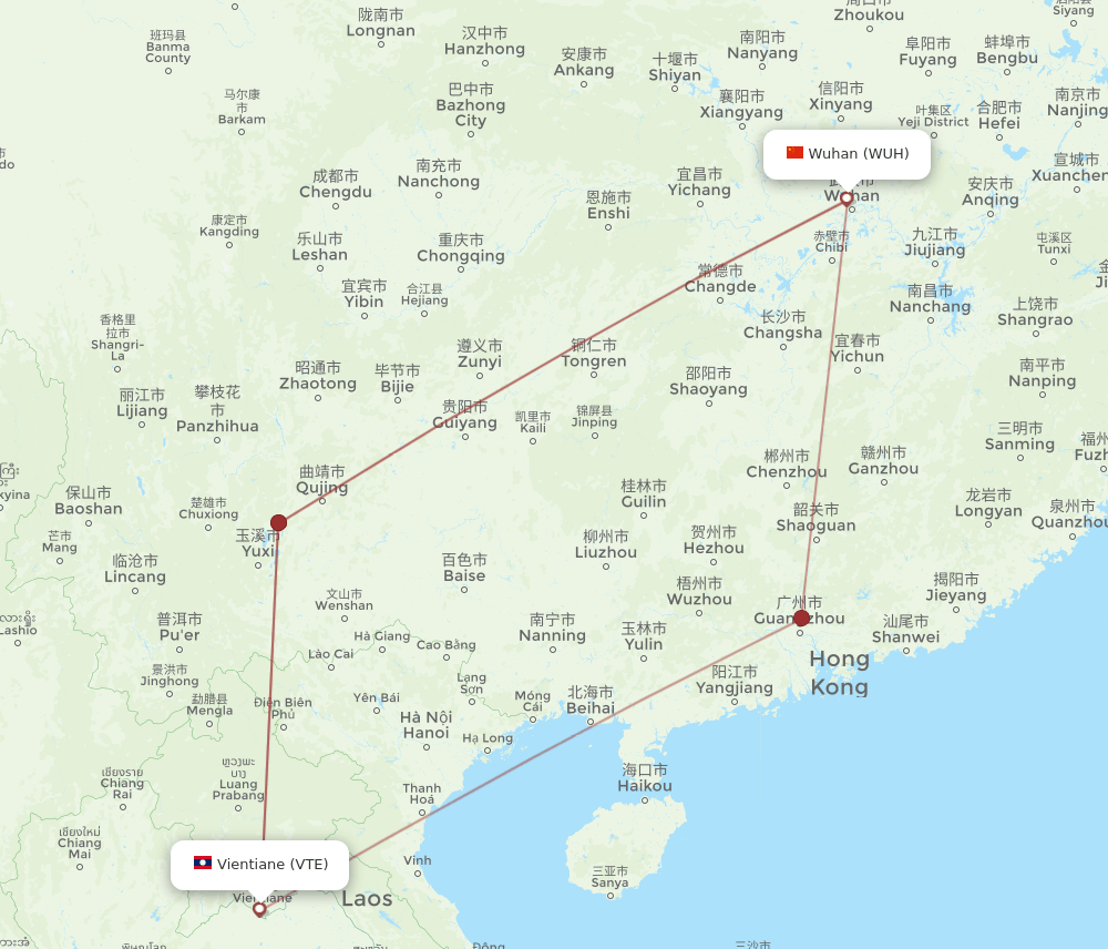 WUH to VTE flights and routes map