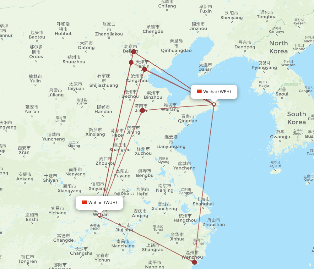 WUH to WEH flights and routes map