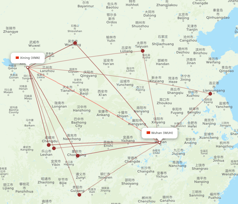 WUH to XNN flights and routes map