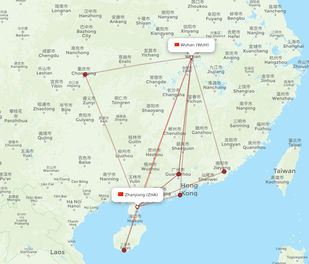 WUH to ZHA flights and routes map