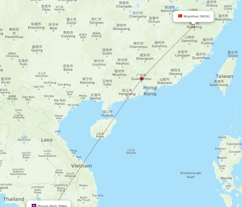 Wuyishan - Phnom Penh route map and flight paths