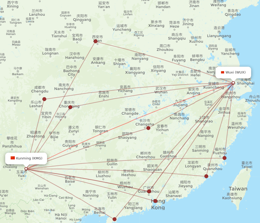 WUX to KMG flights and routes map