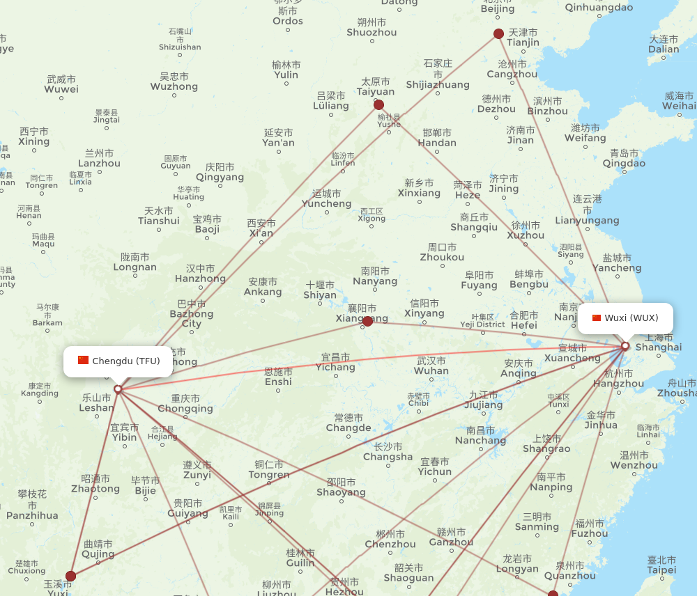 WUX to TFU flights and routes map