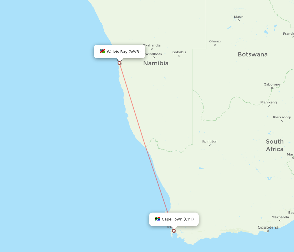 Walvis Bay - Cape Town route map and flight paths