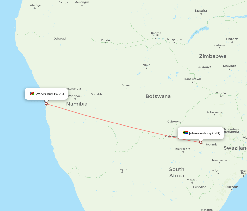 Walvis Bay - Johannesburg route map and flight paths