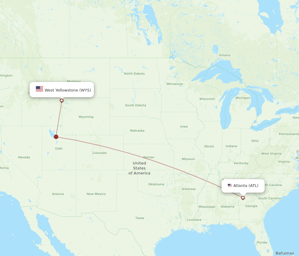 Atlanta - West Yellowstone route map and flight paths