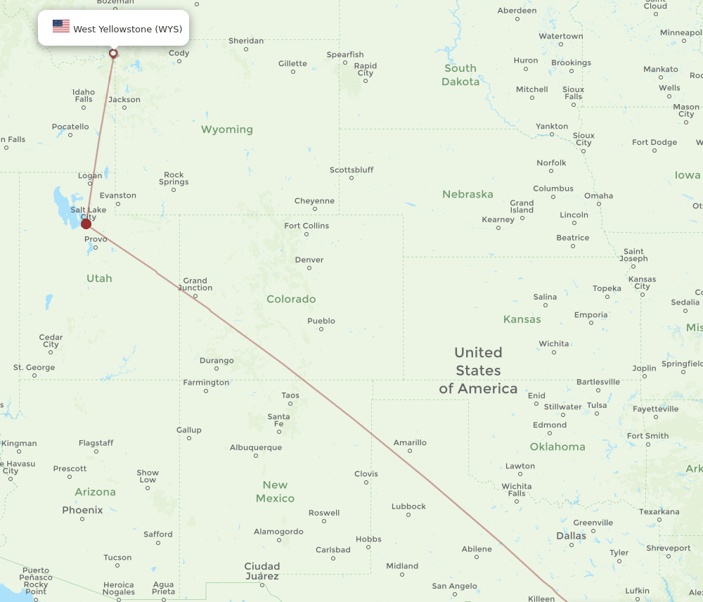 Houston - West Yellowstone route map and flight paths