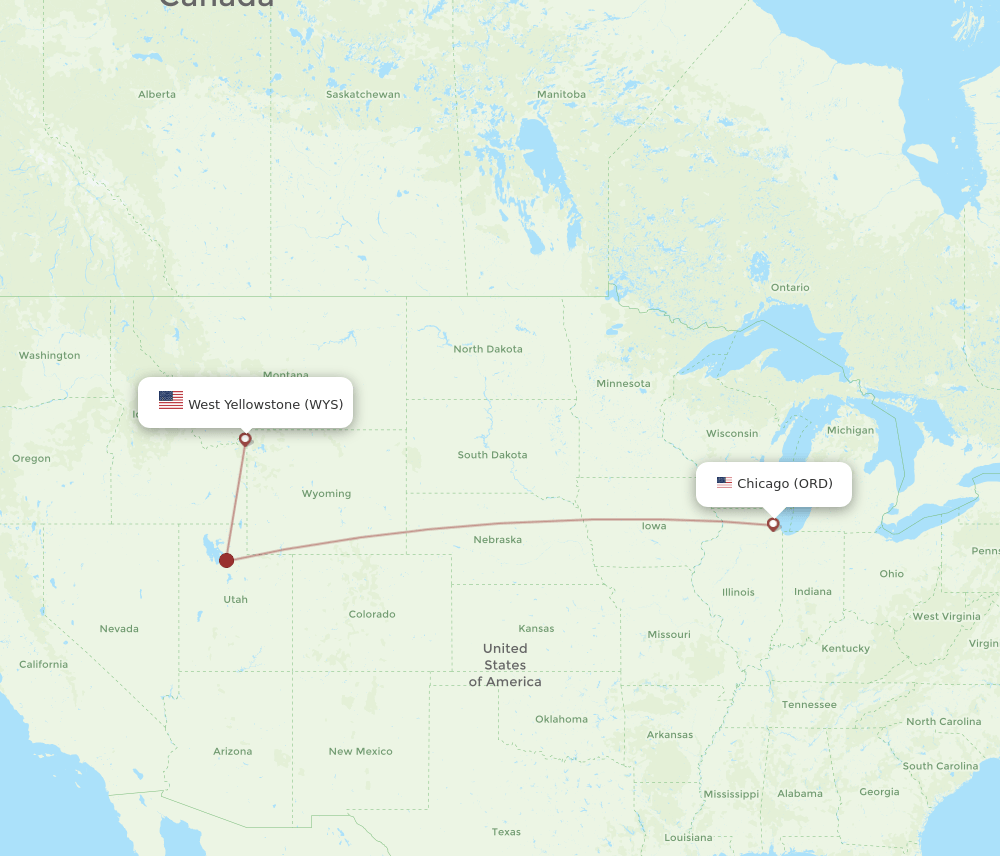 Chicago - West Yellowstone route map and flight paths