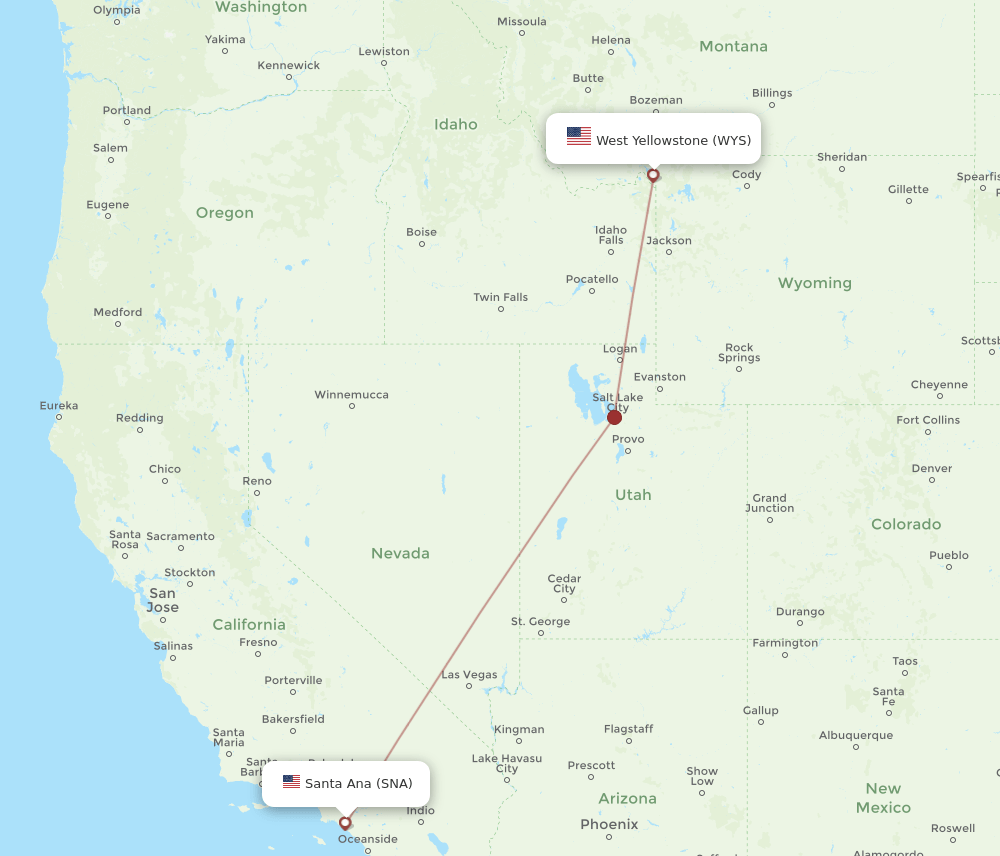 Santa Ana - West Yellowstone route map and flight paths