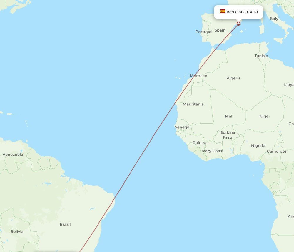 Chapeco - Barcelona route map and flight paths