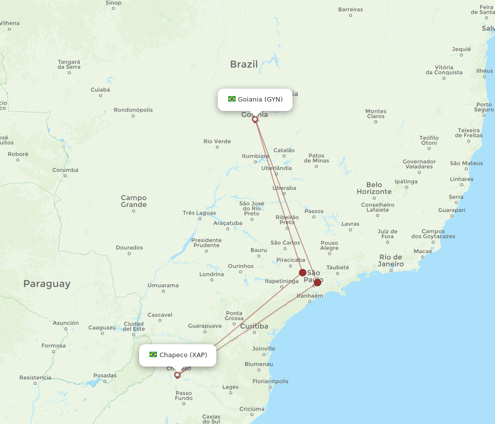 XAP to GYN flights and routes map